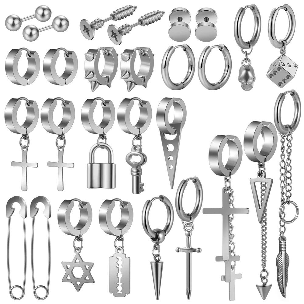 2 Pieces Cross Long Chain Dangle Hoop Earrings Set for Men Women Gifts