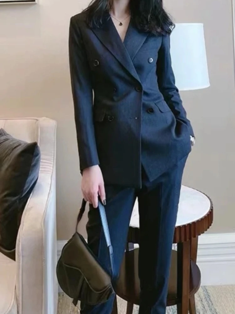Women's Blazer Jacket Suit Spring Autumn Two Piece Set Fashion Casual Office Lady Solid Color Elegant Pant Suit