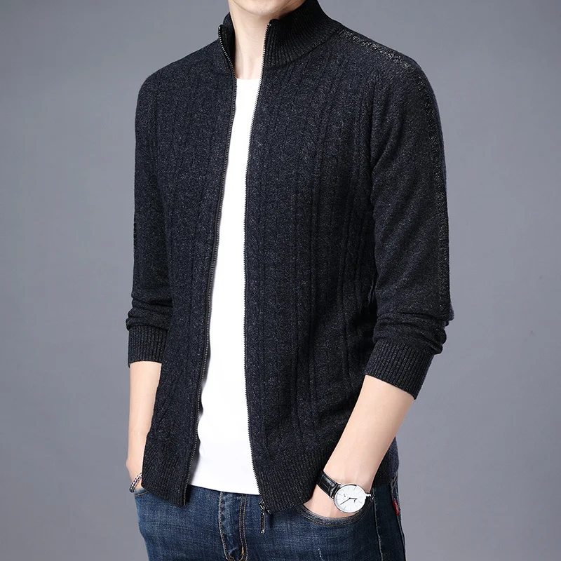 

sweater Men's thickened collar knitted cardigan 100% pure sweater business fashion coat in autumn and winter