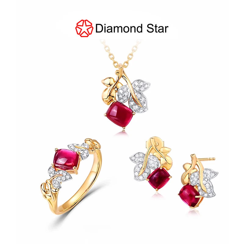 

Lab grown ruby jewelry set for women luxury ring necklace earrings customized 9K/18K gold anniversary present