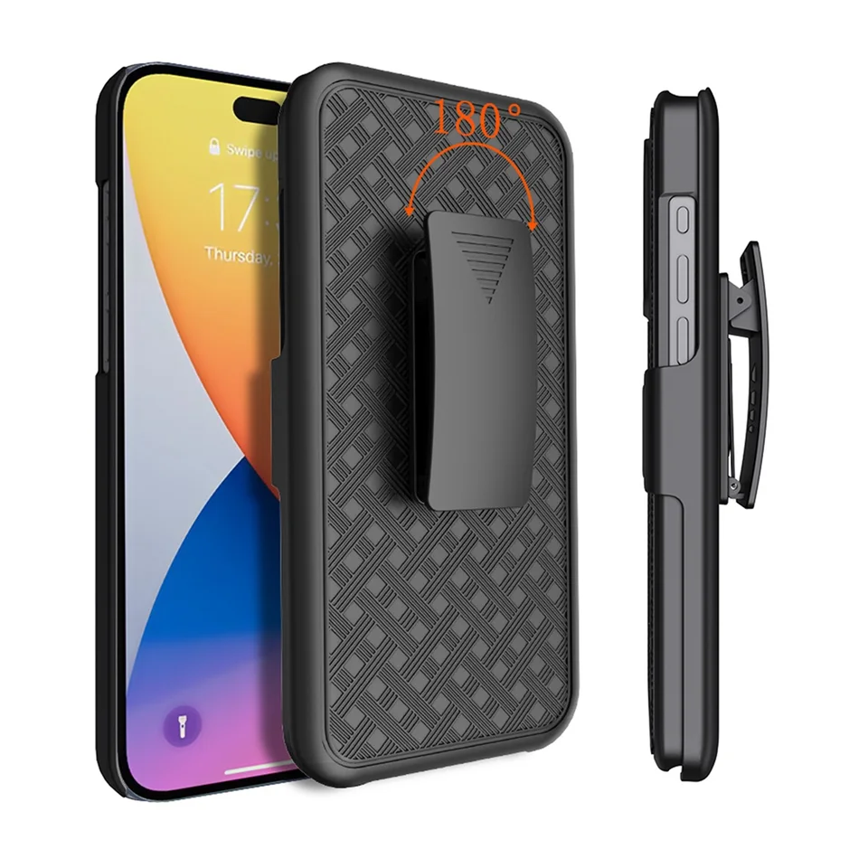 Custodia a fondina per iPhone 15, 13, 12, 11 Pro, XR XS, con clip per cintura, in pelle, per Samsung Galaxy S24, S23, S22, S21, colore: nero