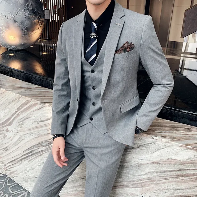 S-7XL (Jacket+Vest+Pants) Fashion Boutique Lattice Formal Business Mens Suit 3Pcs Set Groom Wedding Dress Plaid Suit Show Stage - TZ830 Light grey, S (EUR XXXS)