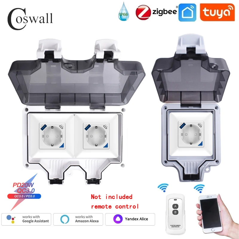 Tomada eu Impermeável Carregador Rápido Função de Monitoramento de Energia Tuya Wifi Zigbee pd 20w tipo c e a Dual Usb Coswall-ip66