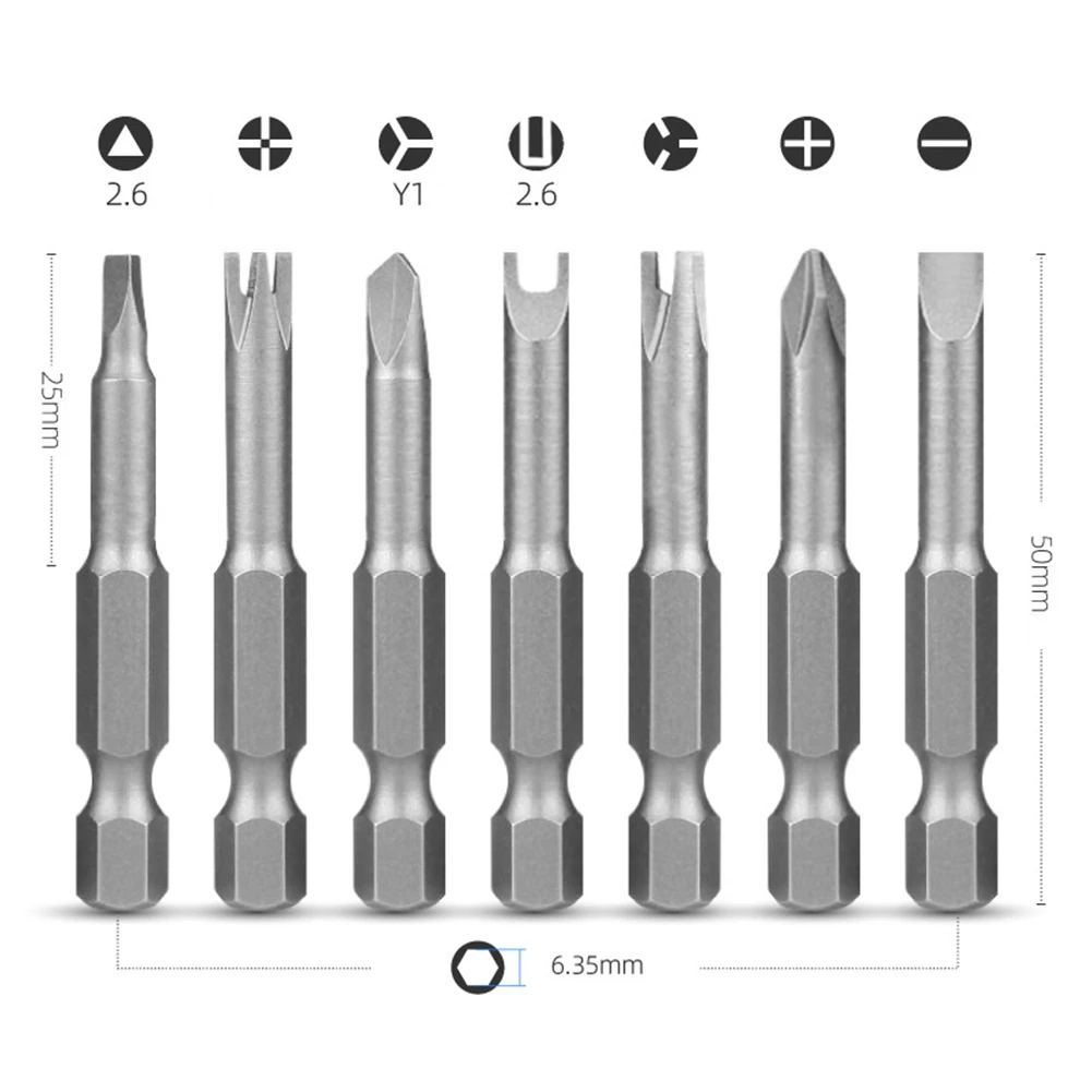 7 Stück 50 mm Schraubendreher-Bit Dreieck (2,6) Y1 U2,6 drei Punkte vier Punkte PH2 SL Kopf 6,35 mm Sechskantschaft für Elektro-Treiber-Werkzeug – Detail 2