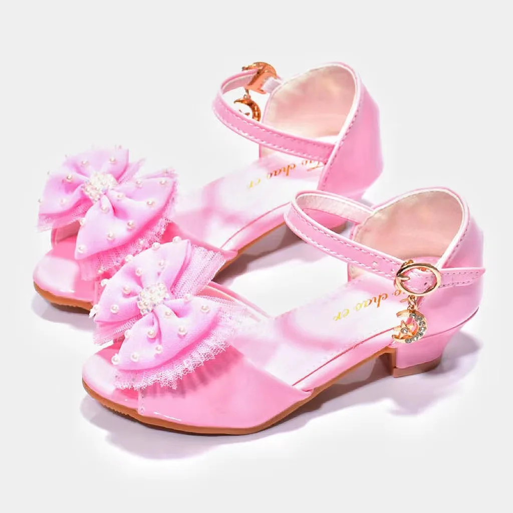 Sweet Lace Bowknot Children\'s Princess Shoes Girls Sandals Pearl Kids High Heels Pink White Student Performance Shoes Giày Utune