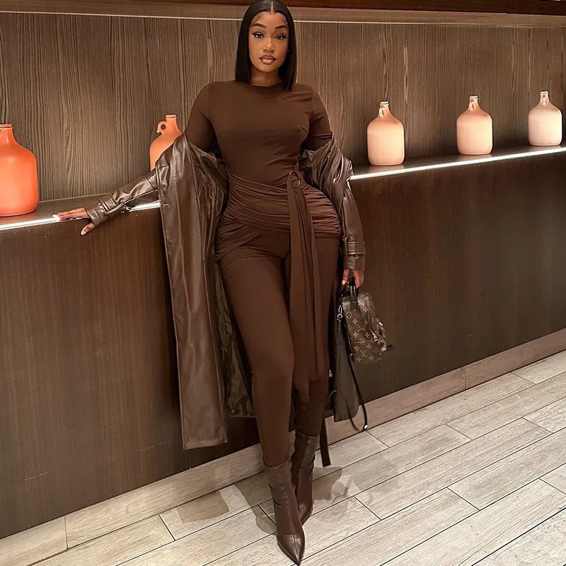 

Elegant Fashion Work Business Wide Leg Jumpsuit Plunge V Collar Full Sleeve Straight Romper Chic Ruched Ribbons Formal Overalls