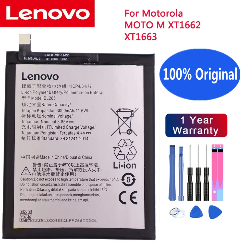 

Новый 100% оригинальный аккумулятор BL265 для Lenovo XT1662 и Motorola MOTO M XT1662 XT1663 3000 мАч аккумулятор для телефона + Инструменты