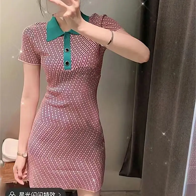

Polo Collar Striped Knitted Short Sundress Women Short Sleeves Elastic Sheath Sexy Mini Dress Ladies Vacation Beach Dress P628