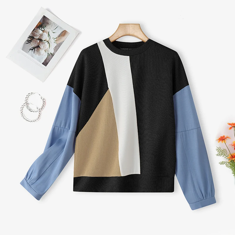 Polyester Long Sleeve Patchwork Sweater for Women