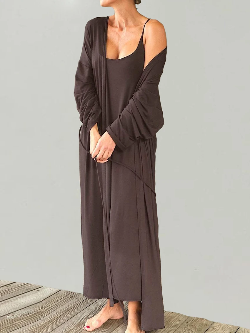 Marthaqiqi Sexy Women Nightgowns Suit Spaghetti Strap Sleepwear Long Sleeve Bathrobe V-Neck Robe Ankle-Length Dress Home Clothes