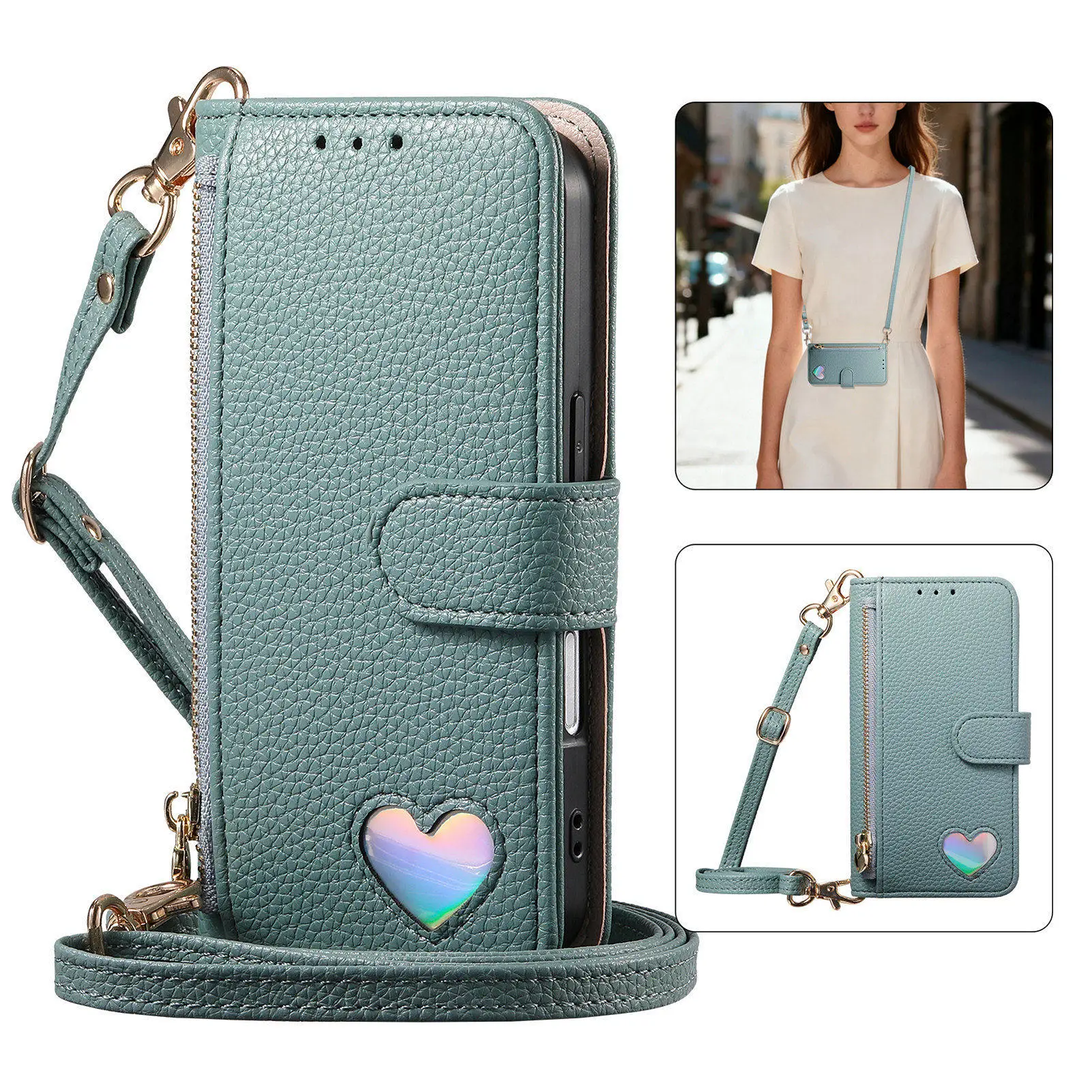 Crossbody Leather Shoulder Zip Wallet Case with Card Slots and Handy Strap