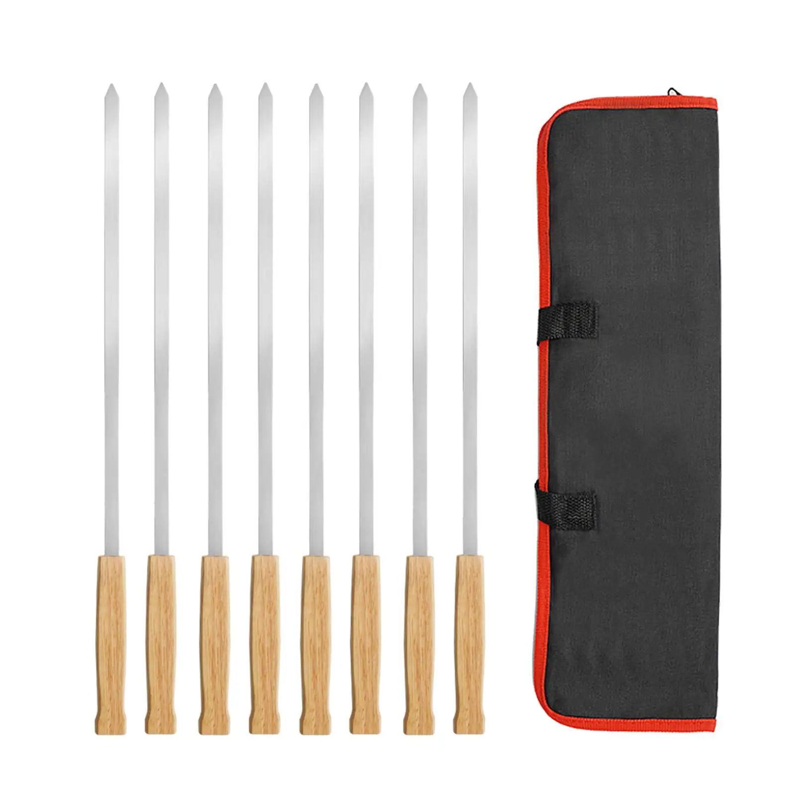 8x Metal Skewers for Grilling with Wooden Handle Outdoor Cooking Flat Long Shish Kebab Skewers for Prawn BBQ Chicken Grilling
