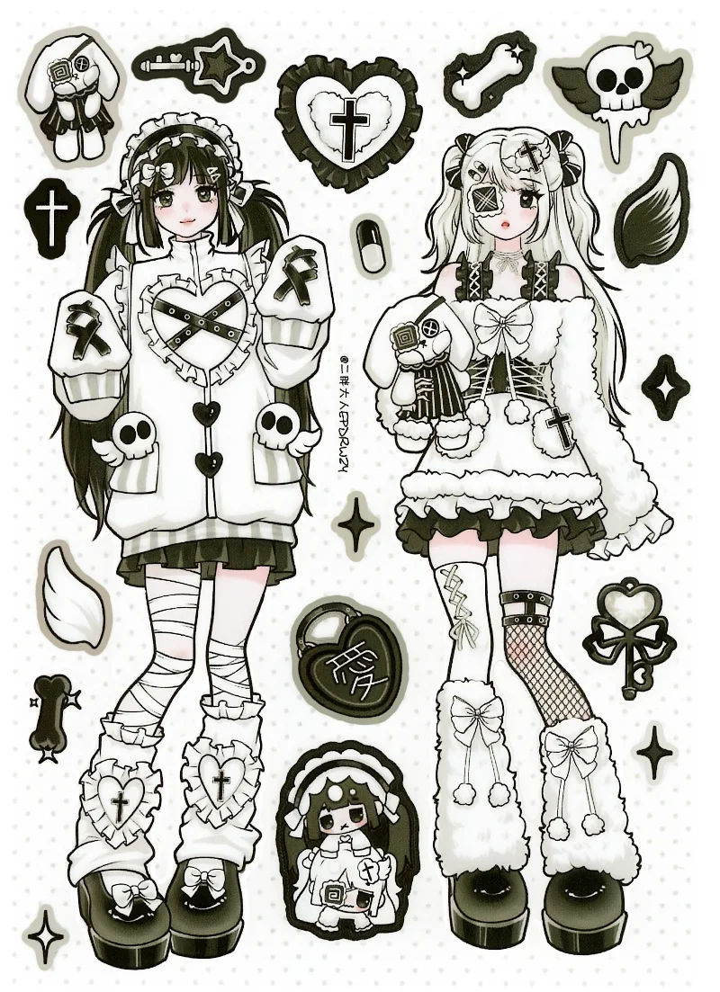 귀여운 애니메이션 스타일 스티커 카와이 파스텔 Y2K 그런지 고딕 스티커 노트북 스크랩북킹 저널링 다이어리 장