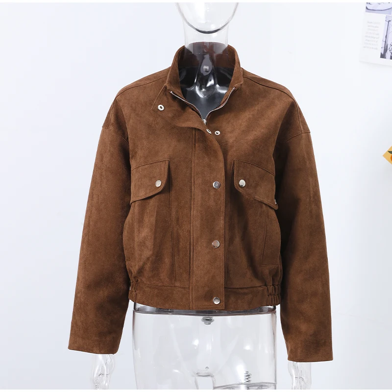 Description Picture 2 of itemVintage Women Suede Bomber Jacket Stand Zipper Pocket Street Coat Female 2025 Spring Casual Full Sleeve Commute Ladies Outerwear