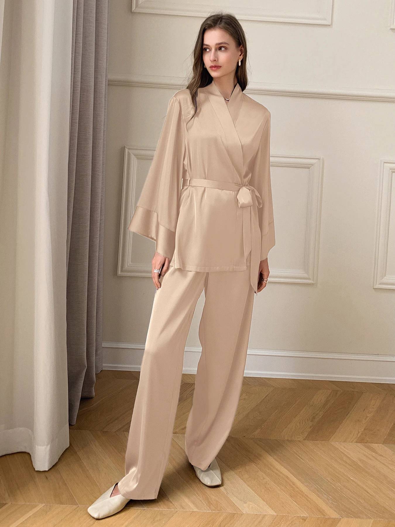 Women's solid satin pajama set long sleeve ruffled neck belted top with pants comfortable summer pajama set