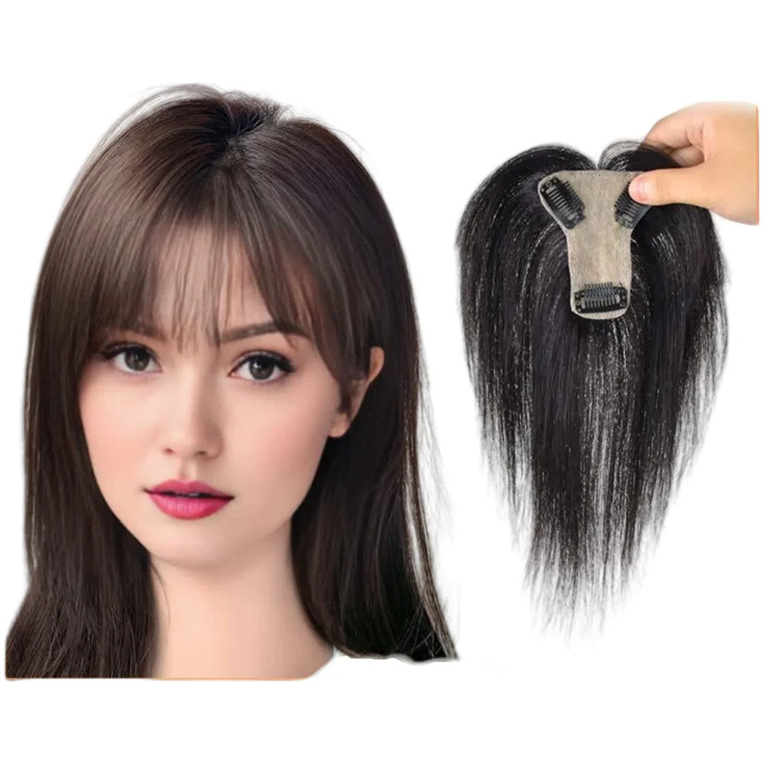 Human Hair Toppers Clip In Topper 3D Air Bangs Hairpieces For Hair Loss Volume Cover Grey For Women 7x8cm