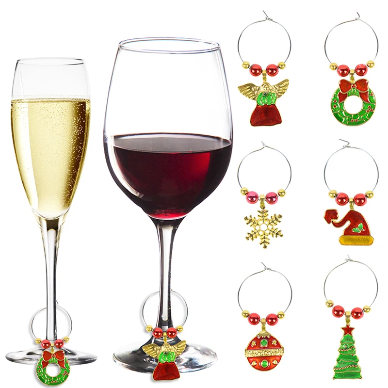 6Pcs Christmas Wine Glass Ring Snowflake Christmas Hat Wine Cup Decor Pendants For Home Xmas Tree New Year Party Table Ornaments