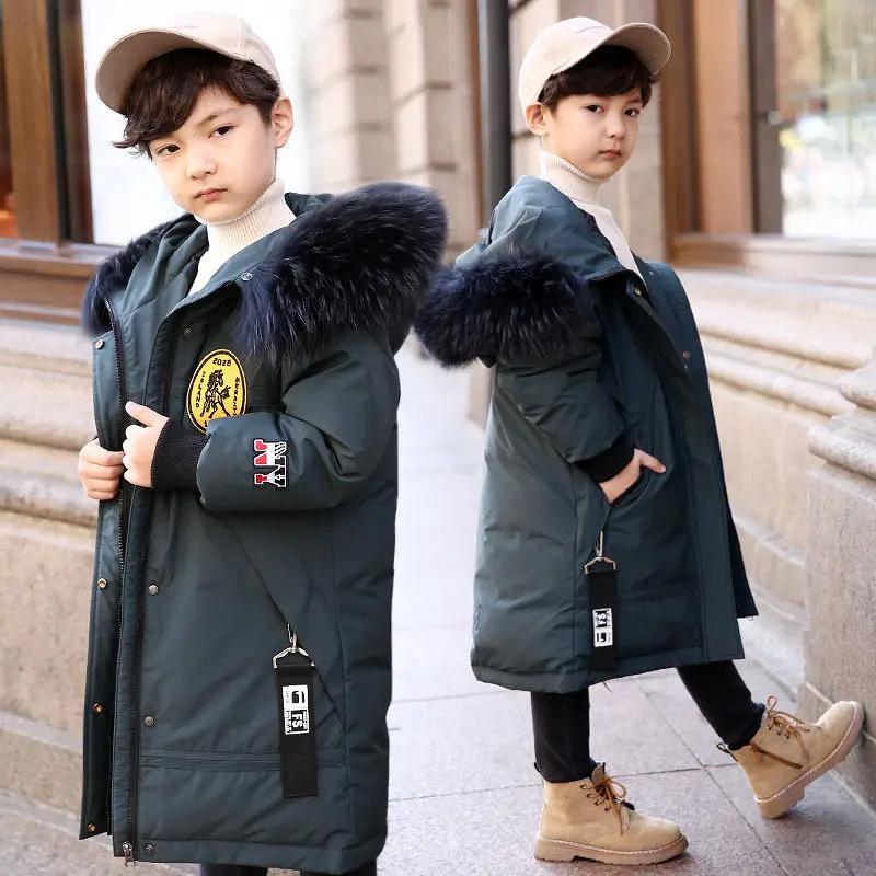 

5-15y Children White Duck Down Jacket Winter Boys Coats Zipper Hooded Long Solid Keep Warm Kids Outerwear Clothes H157