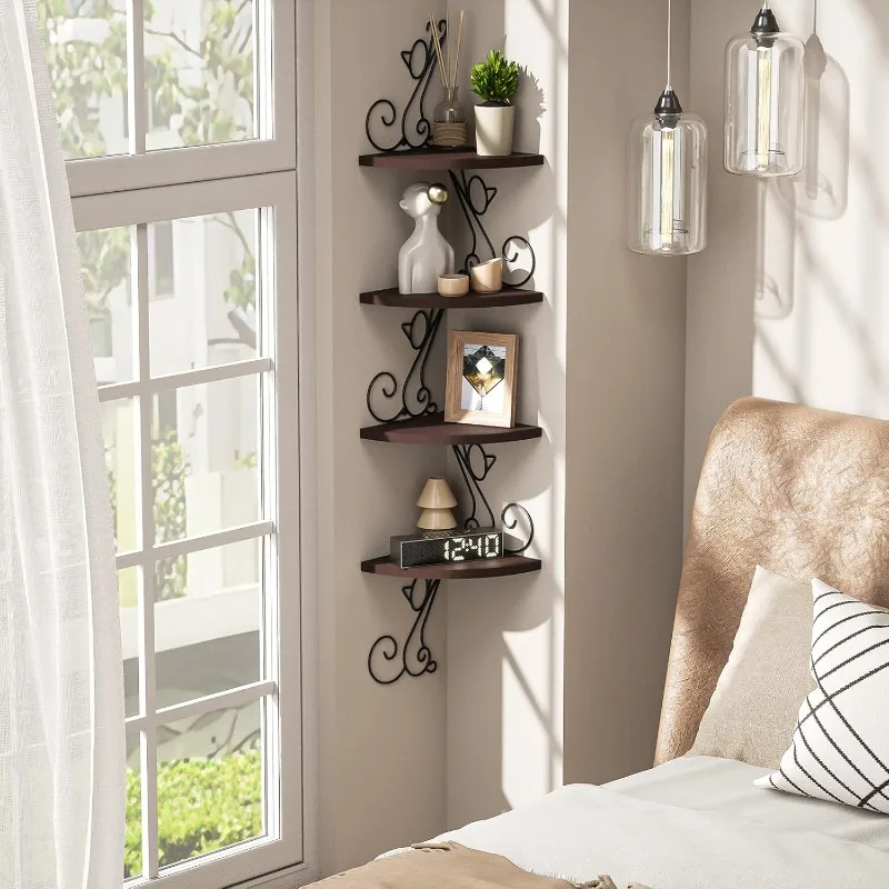 Corner Shelf Wall Mount, 4 Tier Floating Shelves for Wall, Easy-to-Assemble Wall Shelves Rustic Wood Decor 2