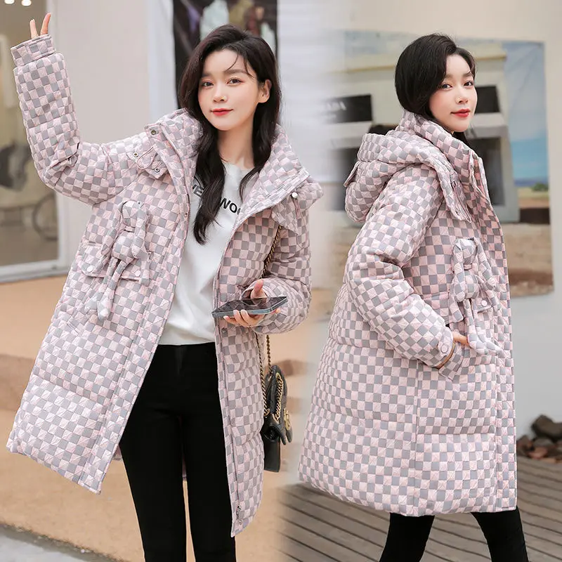 

Winter Warm Clothes for Women Long Hooded Down Jacket White Duck Down Chessboard Grid Mid Length Korea Winter Women's Cold Coat