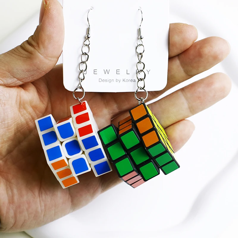 Donarsei Funny Resin 3D Magic Cube Drop Earrings for Women Colorful Geometric Speed Cube Dangle Earrings Novelty Jewelry