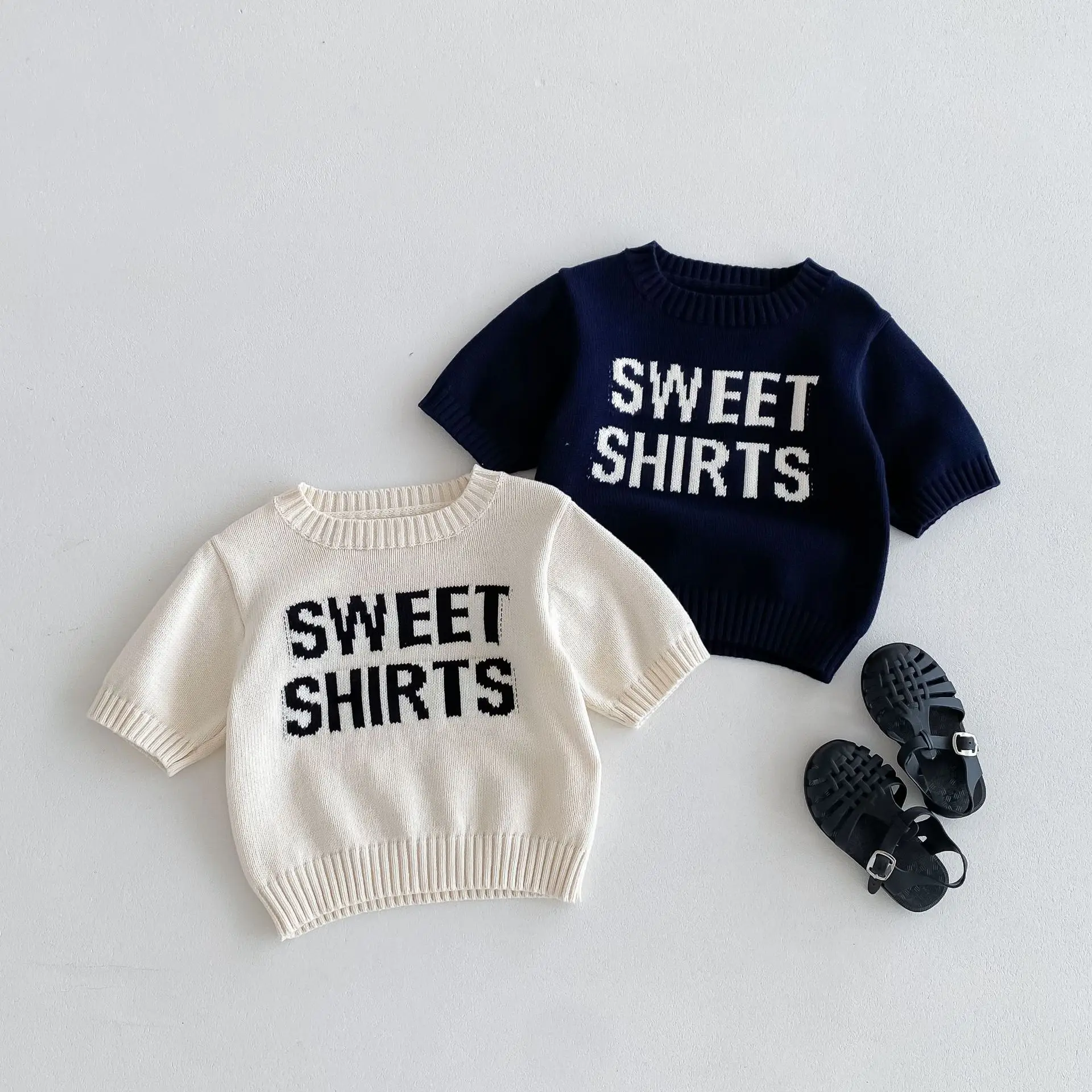 2024 Summer New Children Short Sleeve Knitted T Shirts Simple Letter Knitwear Baby Boy Girl Fashion Casual Kids Pullover Tops