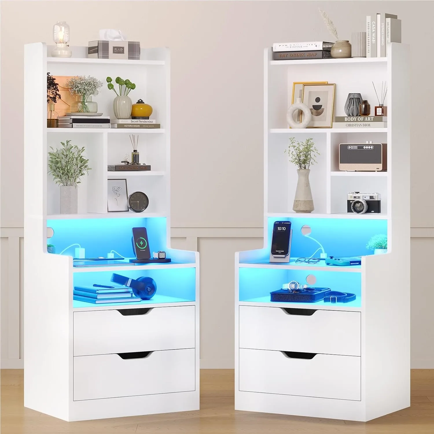 Charging Nightstand Set of 2 with LED Lights,Tall Night Stand with Bookshelf,Bedside Table with Drawers,Side Tables Bedroom 3