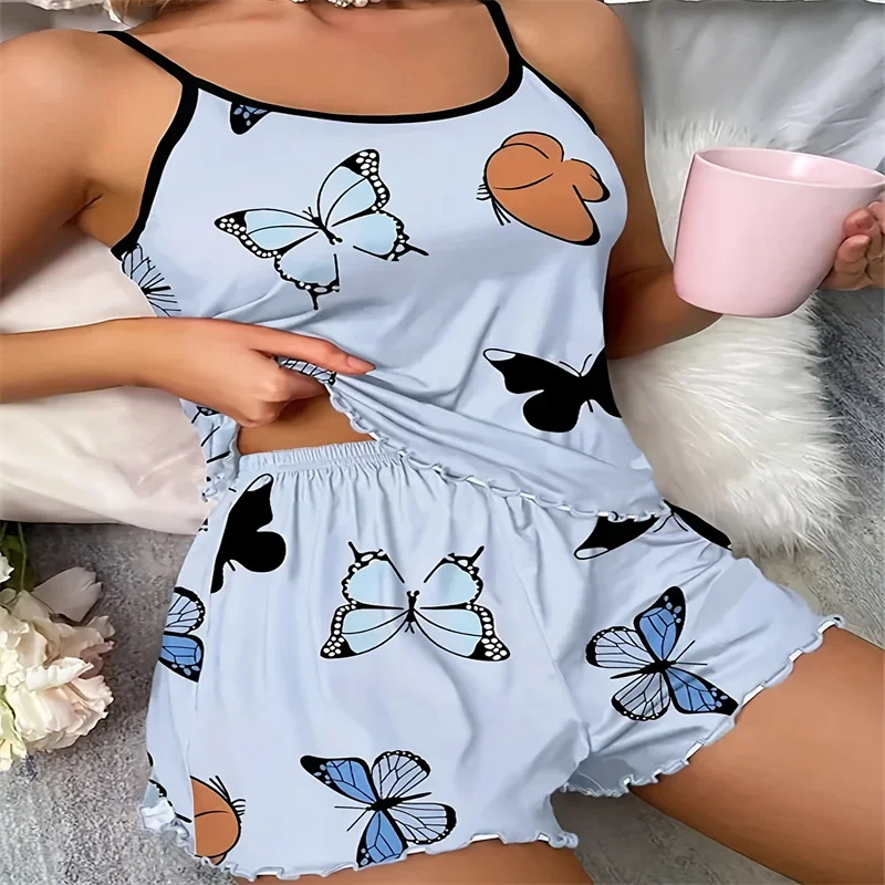 2025 Womens New Butterfly Print Pajama Pj Set Casual Cami Top and Ruffle Short Set Fashion Sleepwear Comfy Loungewear Hot Sale