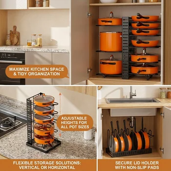 Organisateur de support de casseroles à 8 niveaux peu encombrant – Support en métal durable pour casseroles, casseroles et couvercles pour garder votre cuisine propre et bien rangée 1