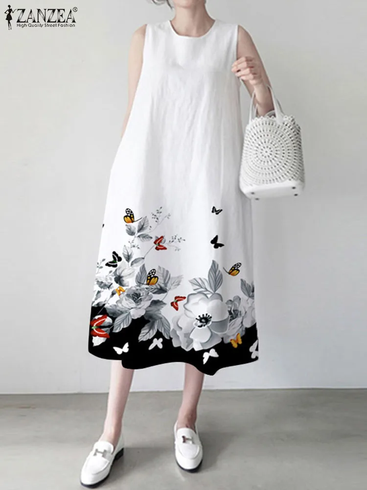 

ZANZEA Casual Round Neck A-line Sundress Loose Flower Printing Dress Women 2023 Summer Sleeveless Vacation Oversize Beach Dress