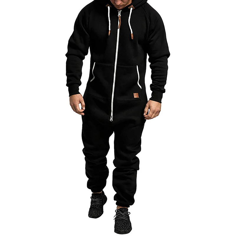 Men's Hooded Fleece Lining Jumpsuit Autumn Winter Warm Long Sleeve Full Zipper Overalls with Kangaroo Pockets Night Clothes men bodysuits