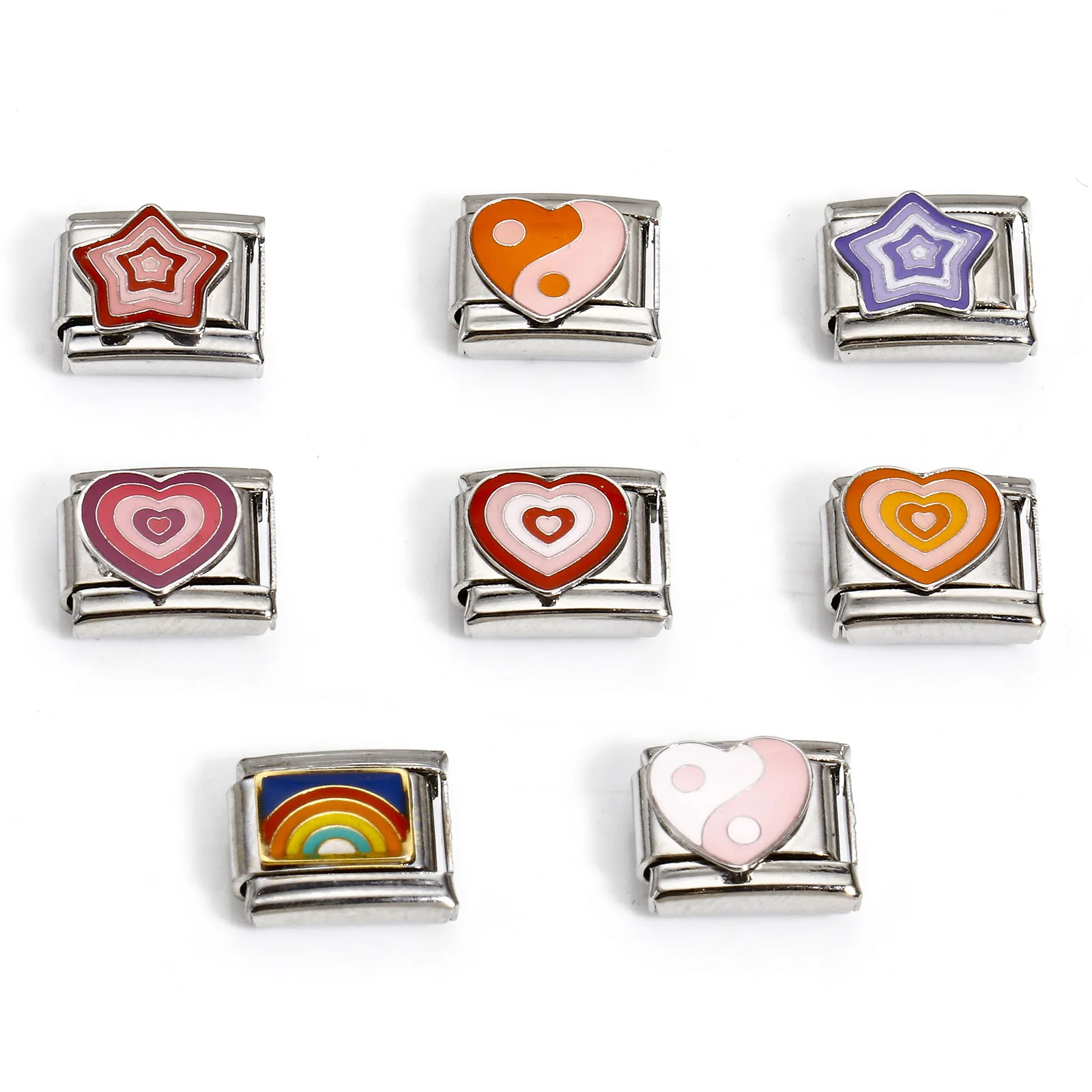 304 스테인레스 스틸 레인보우 이탈리아 매력 링크, DIY 팔찌 쥬얼리 제작, 직사각형 비드 수제 결과물, 10mm x 9mm, 1 PC