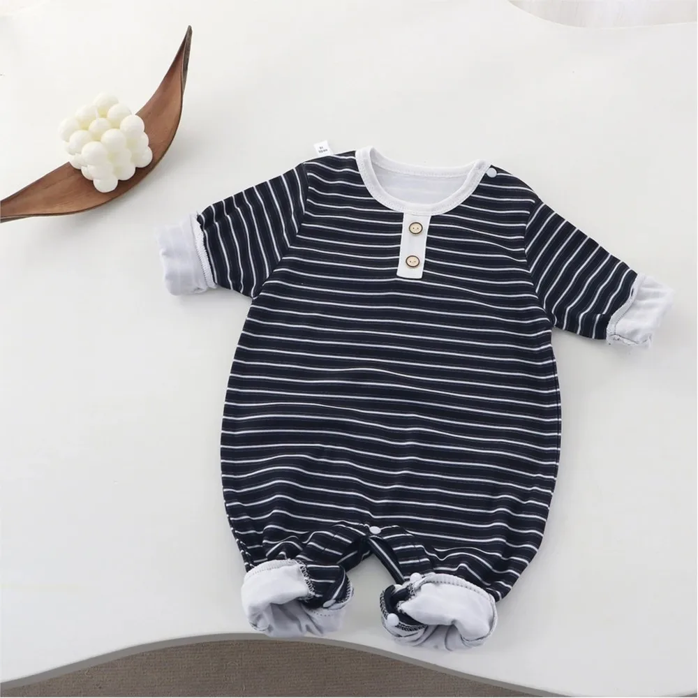 Baby Striped Romper, Long Sleeve Buttoned Onesie, Newborn Infant Cotton Jumpsuit Multi-Color Baby Outfit for Spring Autumn