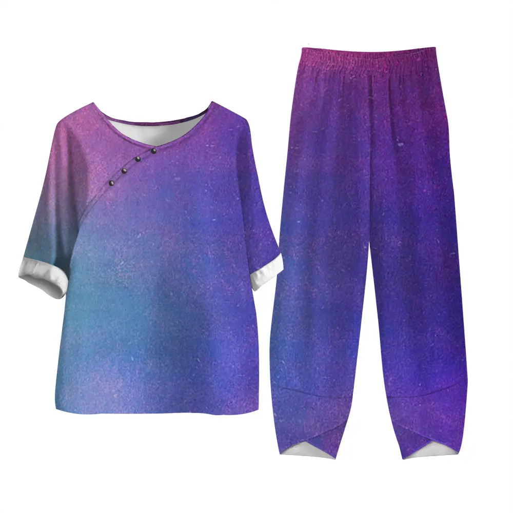 

Женский винтажный костюм из 2 предметов, пуловер с коротким рукавом и брюки, повседневный женский спортивный костюм с градиентным принтом, наряды с коротким рукавом и круглым вырезом