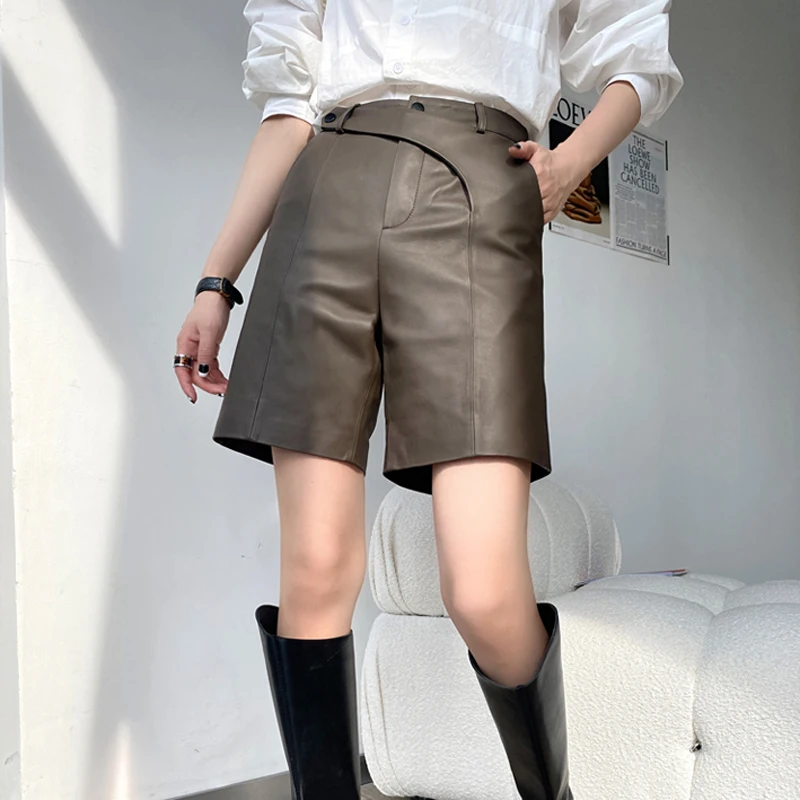 Women Lambskin Panties Bermuda 2025 Winter High Waist Genuine Leather Shorts Mujer Casual Straight Leg Grey Pants Calça Feminino