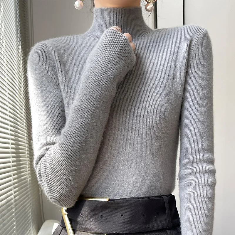 

Winter Sweater Women Japan and Korea Casual Solid Color Simple Basic Model Slim Versatile Mock Neck Pullover Knit Sweater Jumper