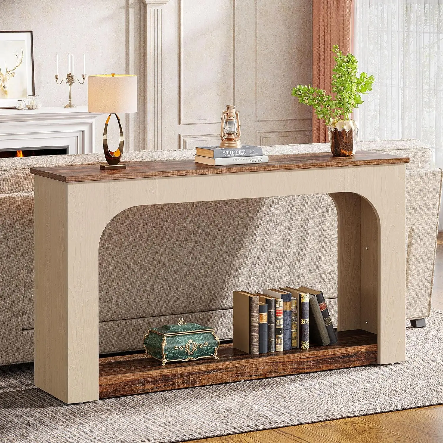 55-Inch Console Table LED Lights Farmhouse 2-Tier Narrow Sofa Storage Wood Foyer Entryway Behind Couch Table