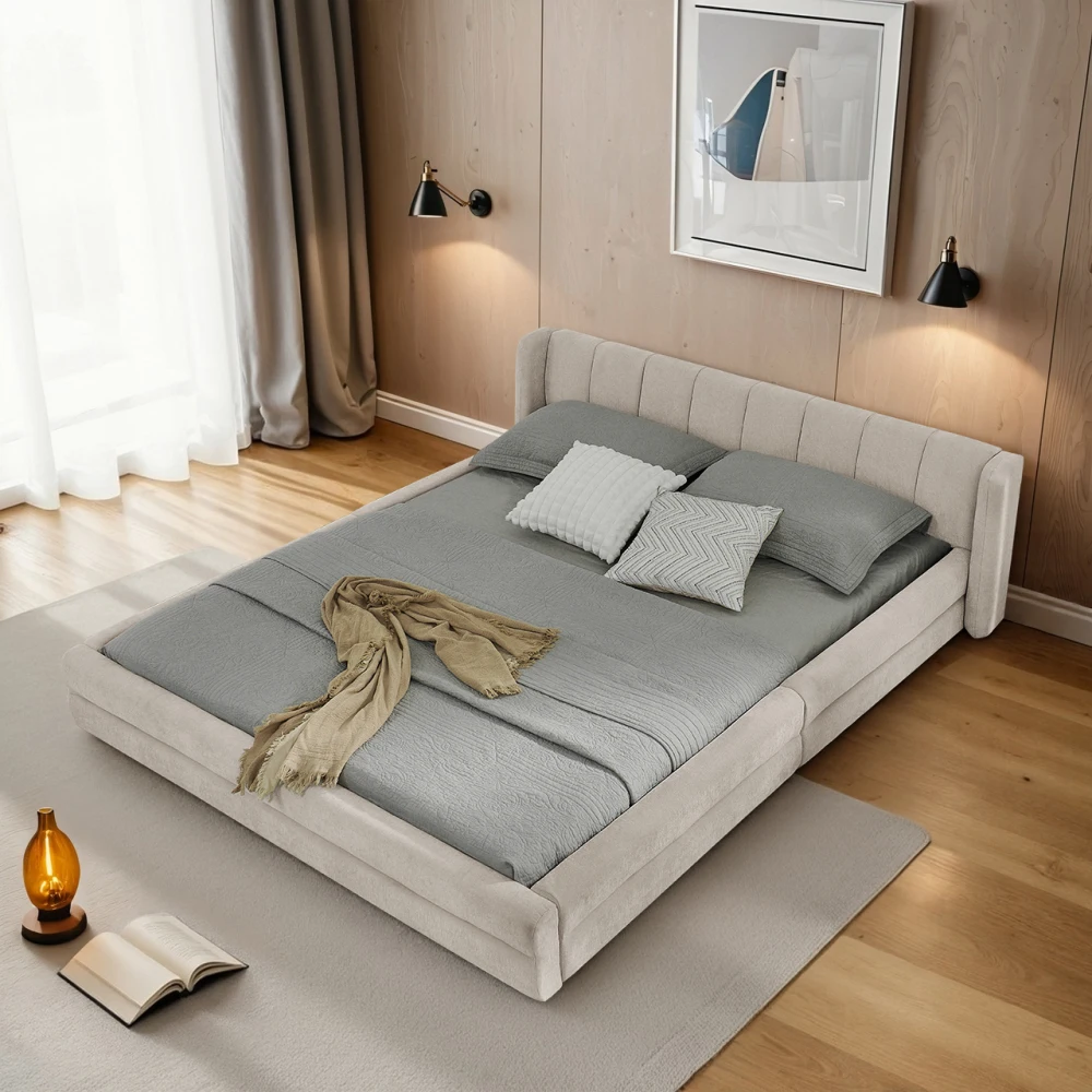 Einzelbett 90*200 cm, hautfreundlicher Chenille-Stoff, bequeme Rückenlehne, auch als Kinderbett geeignet, Beige (ohne Matratze) – Detail 30