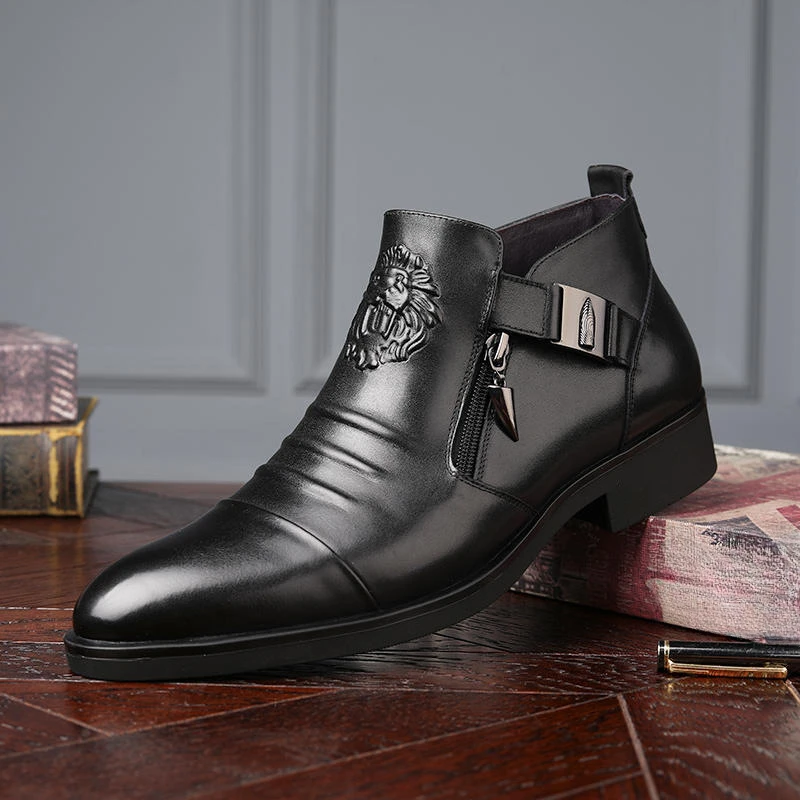 Men Dress Boots Men Black Dress Boots Fashion Motorcycle Boots PU Printing Double Side Zipper Man Western Knight Short Outdoor Dress Shoes