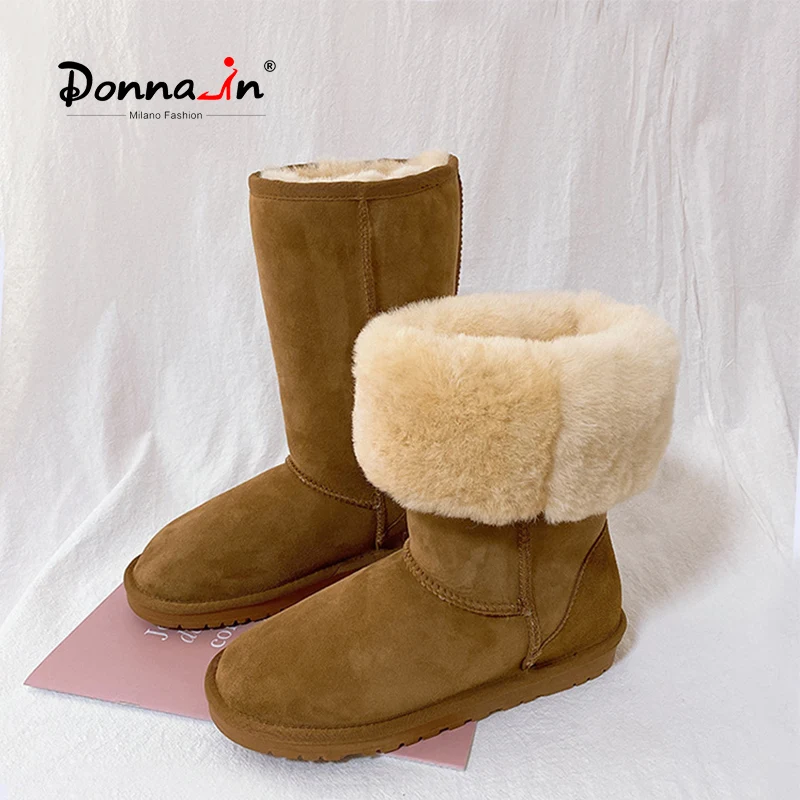 

Donna-in 2023 Warm Winter High Snow Boots Ladies Natural Wool Fur Thickened Wool Leather Mid-Calf Women's Boots