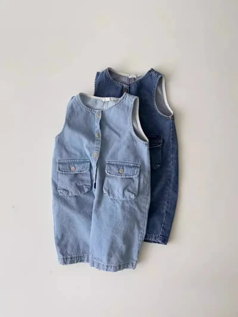 

2024 Spring New Baby Sleeveless Denim Romper Boy Girl Newborn Strap Jumpsuit Infant Toddler Casual Pocket Vintage Overalls 0-24M