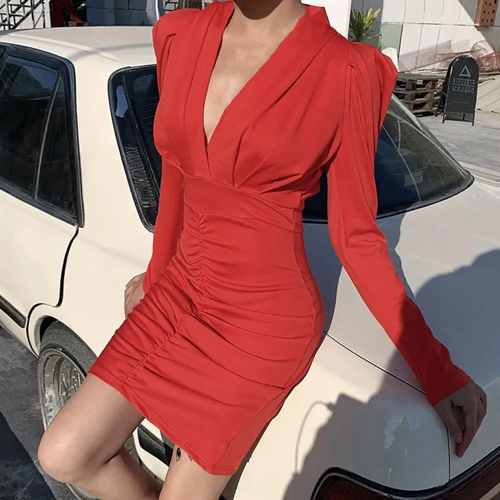 Irregular Hem Popular Solid Color Waist Tight Ruched Mini Dress Breathable Deep V-Neck for Vacation | Женская одежда