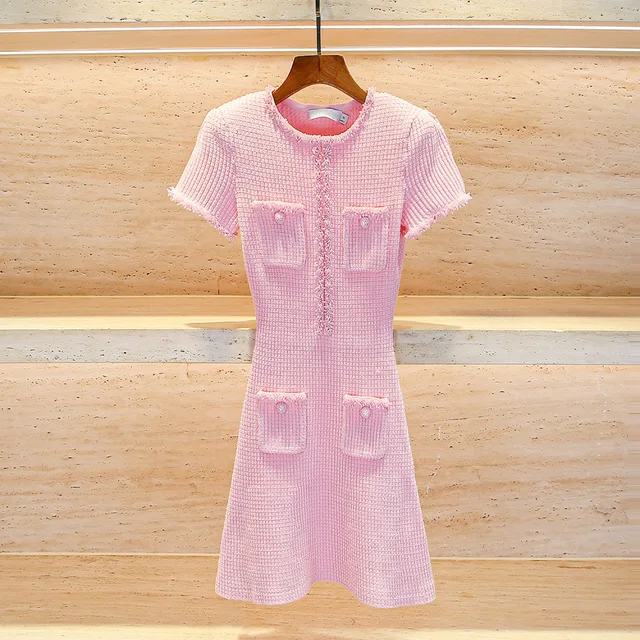 traf 2025 woman tight dress knitted tassel stretch corset elegant women's dress y2k clothes New fashion pink hip skirt 4