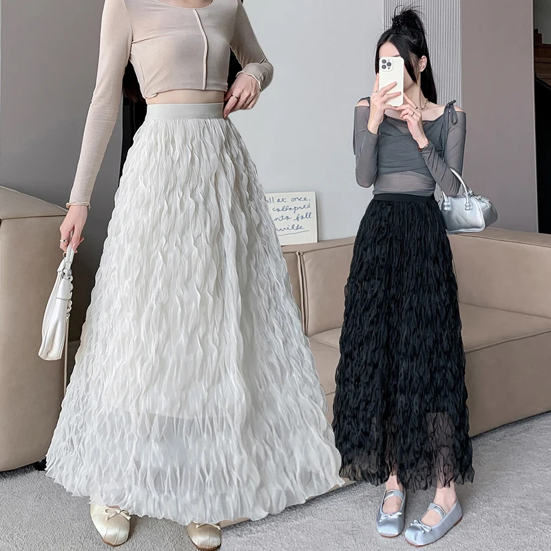 

Long Skirts Women 2024 Summer Gauze Folds Designer Faldas Largas Solid French Chic Elastic High Waist Skirt A-line Dropshipping