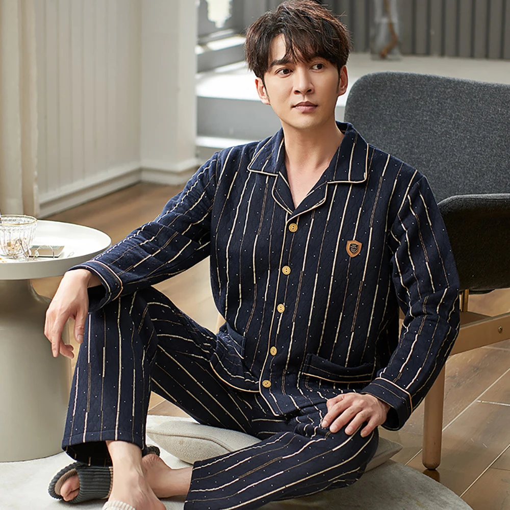 Autumn Winter Air Cotton Thicken Pajamas for Men Warm Quilted Plaid Pijama Hombre Set Male Comfortable Soft Buttons Pyjama Homme