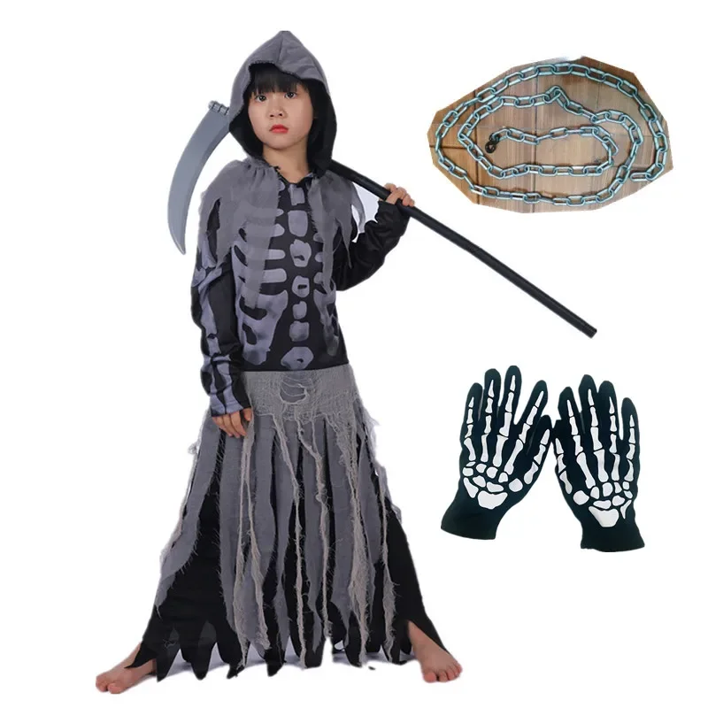 3-12 Years Old Girls Devil Halloween Costume Skeleton Dress with Chains and Scythe Scary Grim Reaper Cosplay Fitted Gloves Party