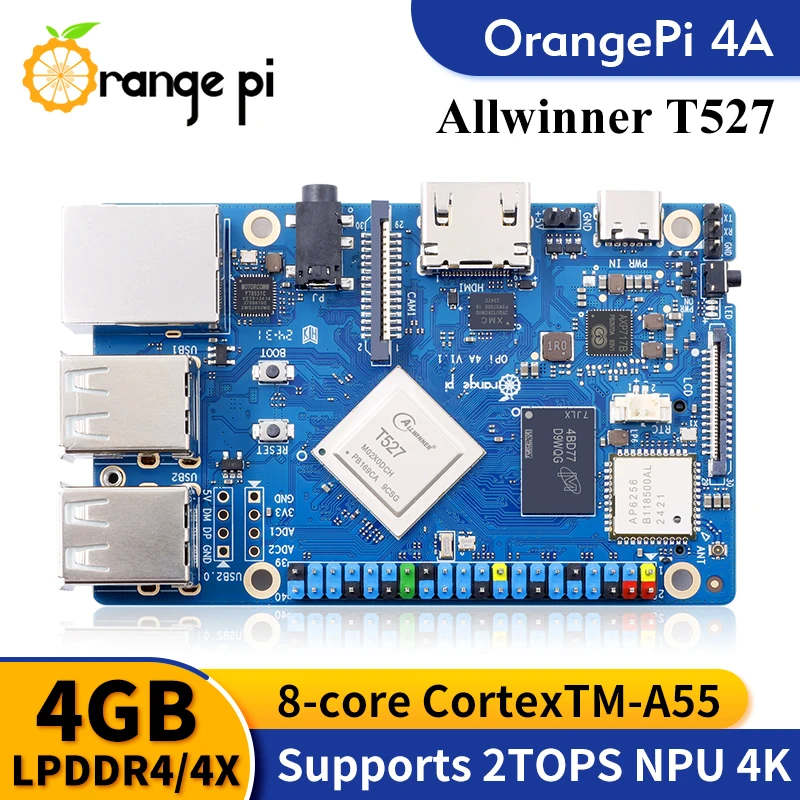 Single Board Computer Orange Pi 4A 4GB RAM Single Board Computer Allwinner T527 RISC-V Co-processor WiFi+BT5.0 BLE M2 NVMe SSD 2TOPS NPU Mini PC