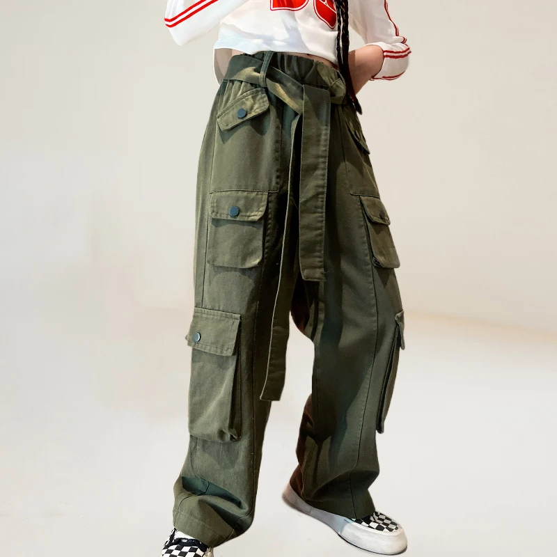 

Pockets Cargo Pants for Girls Spring Autumn New American Retro Loose All-match High Waist Straight Wide Leg Overalls Pants 4-14y