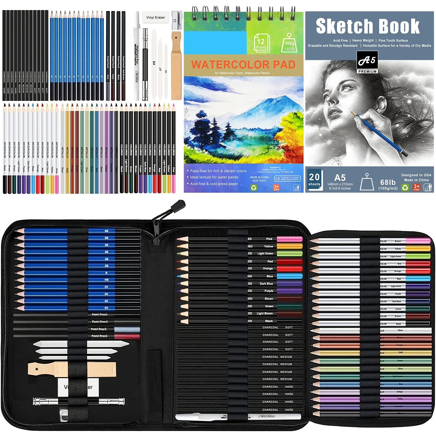 ערכת ציור סקיצה, 76 עטי ציור, ציוד ציור כולל פד מים, מים, מתכת, צבע