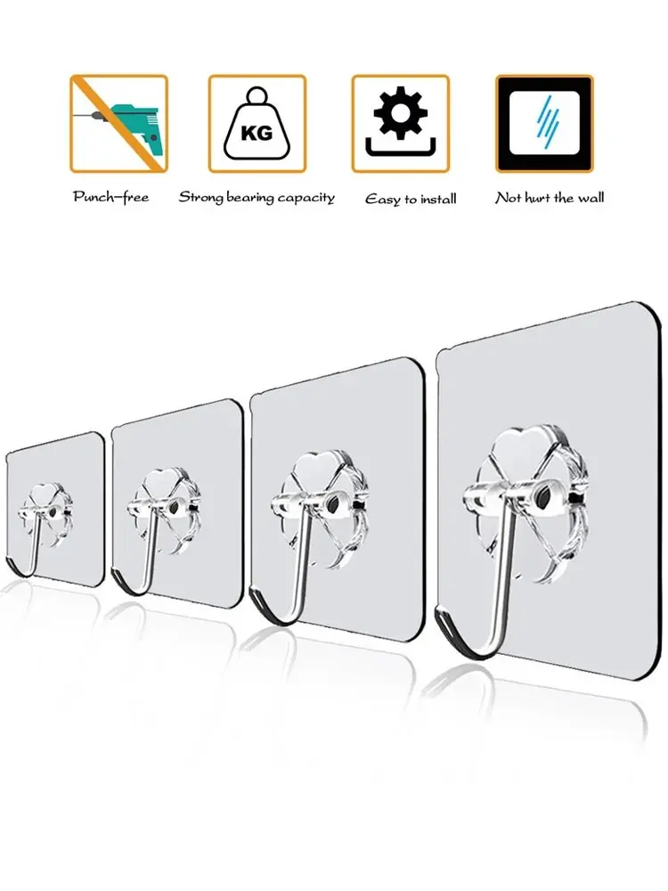 Transparent Self-Adhesive Hooks Stainless Steel Bathroom Towel Clothes Storage Sticker Key Hangers 100 Pcs
